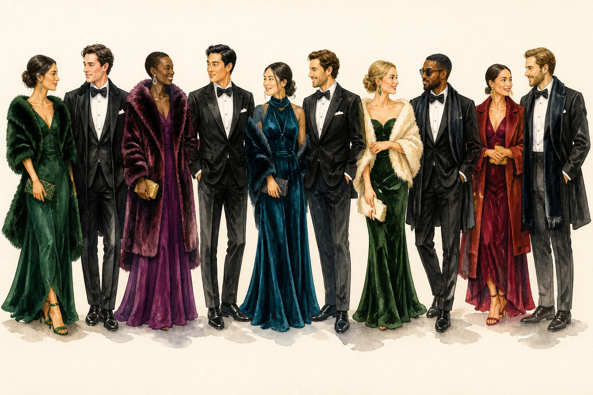 Watercolor illustration of guests in formal winter attire